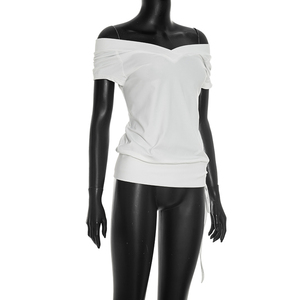 Viviblook C26TP254 Camiseta informal de verano para mujer, nueva, sexy, con cuello en V, hombros descubiertos y cordón ajustable. - Product Image 4