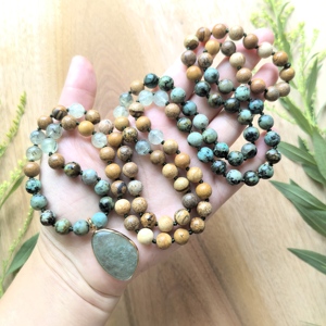 พรีไนต์, แอฟริกันเทอร์ควอยซ์, พิคเจอร์แจสเปอร์มาลา, จี้ควอตซ์สีเขียวสตรอเบอร์รี่, สร้อยคอประดิษฐ์ด้วยมือ <span class=keywords><strong>108</strong></span> เม็ด, เครื่องประดับโยคะ - Product Image 2