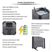 Lot de 4 projecteurs LED PAR étanches IP65 4*18W RGBWA+UV 6-en-1 sans fil sur batterie pour événements extérieurs, mariages, DJ, fêtes et location