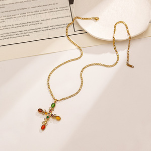 Collar de Cruz de Acero Inoxidable, Chapado en Oro de 18k, con Piedras de Colores, Estilo Bohemio Vintage, Colgante Ajustable, Regalo de Joyería - Product Image 3