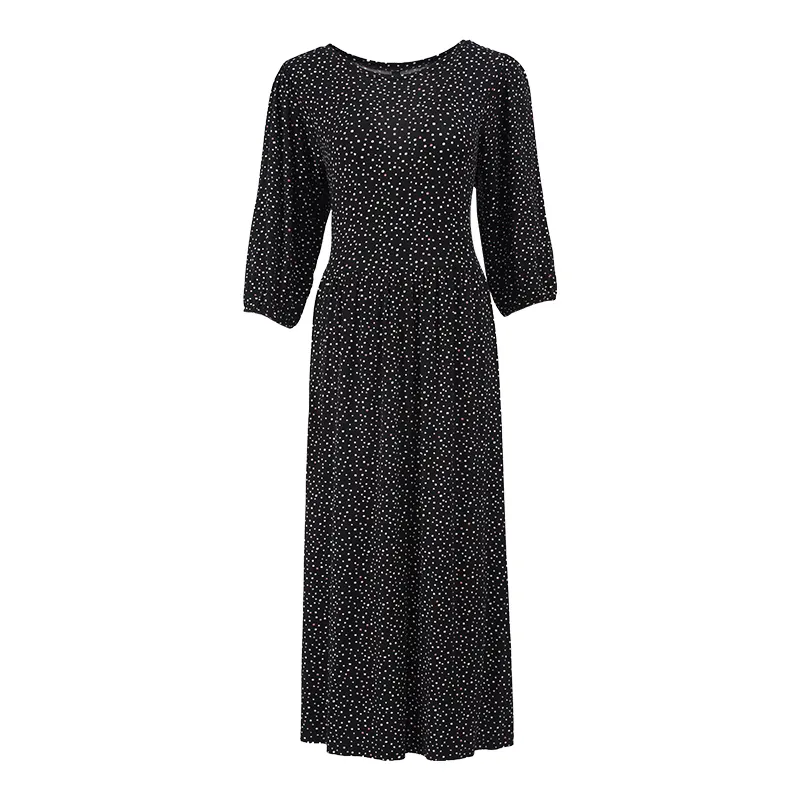 Summer New Women'S Fashion Round Neck Long Sleeve Long Polka Dot High Waist Casual Dress