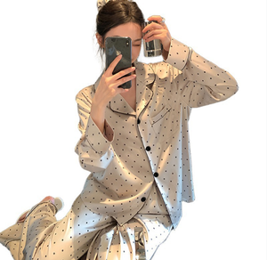 Nuovo stile a pois di <span class=keywords><strong>seta</strong></span> di ghiaccio in raso <span class=keywords><strong>camicia</strong></span> <span class=keywords><strong>da</strong></span> <span class=keywords><strong>notte</strong></span> <span class=keywords><strong>da</strong></span> <span class=keywords><strong>donna</strong></span> a maniche lunghe girocollo Set due pezzi - Product Image 5