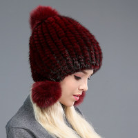 Handgestrickte Bommelmütze aus echtem Nerzfell für Damen, Winter, Reisen, Outdoor, warmer Ohrenschutz, modisch