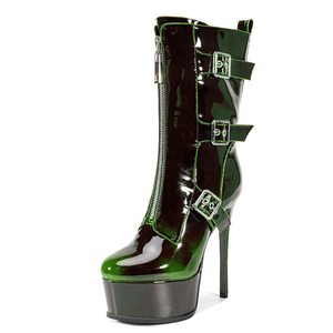 Botines Cortos con Punta Redonda y Hebillas Metálicas Laterales, Plataforma Gruesa, Cierre Frontal, Zapatos de Charol con Degradado, Tacones Altos para Mujer, Talla Grande 47 - Product Image 4