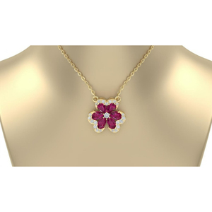 18KT Gold <b>Ruby</b> Diamond Floral Pendant <b>Necklace</b> Clover Design Elegant Fine Jewelry Gift for Her For Loved Ones - Product Image 4