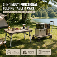 Table de camping pliante 3-en-1 en métal, chariot de transport extérieur, chariot à plateau plat, étanche et portable