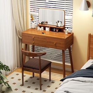 Midcentury Modern MDF Dressing <b>Table</b> with LED <b>Mirror</b> Stool High-End Makeup Desk for Small Apartment Bedroom Furniture Set - Product Image 1