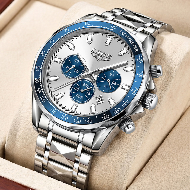 LIGE LG89229 Wholesale Watch for Men 45mm Dial Stainless Steel Chronograph Quartz Analog Dress Man Watch +box Relojes De Hombre