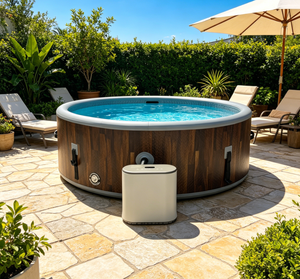 Bain à remous <span class=keywords><strong>gonflable</strong></span> rond en PVC DWF de qualité supérieure, texture bois, étanche, pour extérieur, jardin, spa à bulles portable pour la relaxation familiale - Product Image 1