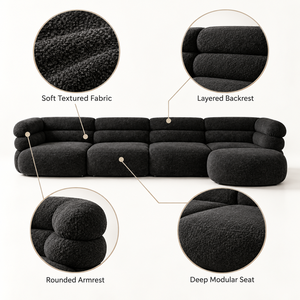 โซฟาโมดูลาร์สีดำสไตล์ร่วมสมัย 4 ที่นั่ง พร้อมเก้าอี้ยาวแบบ Chaise Lounge พนักพิงแบบ Layered Bolster และเบาะรองนั่งแบบหนา สำหรับตกแต่งภายในสไตล์โมเดิร์น - Product Image 4