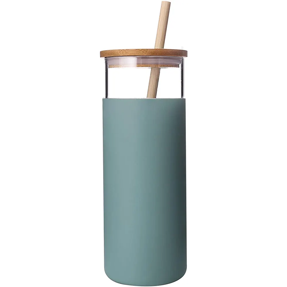 Glass Tumbler with Straw 16oz Glass Water Bottle with Silicone Protective Sleeve Bamboo Lid - BPA Free (Teal)