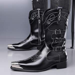 Bottes Western pour Hommes, Longueur Genou, Broderie Faite Main, Fermeture Éclair, Grande Taille, Style Cowgirl, Idéales pour l'Équitation - Product Image 4