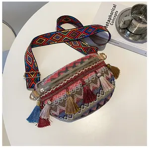 Wholesale Women New Korean Fashion Handmade Tassels Single waist Bag Adjustable Folk Multicolor Ethnic Tribal Embroidered bag