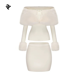 Ensemble deux pièces en tricot à épaules dénudées pour femmes, avec nœud en fausse fourrure, haut court à manches longues et mini-<span class=keywords><strong>jupe</strong></span> moulante, blanc ivoire, tenues de soirée sexy - Product Image 3