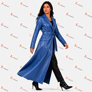 Manteau long en cuir PU bleu pour femme Tiierwear avec ceinture et poches plaquées, élégant vêtement d'extérieur pour l'automne - Product Image 3
