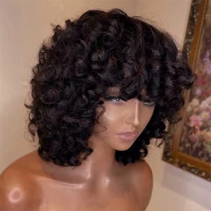 Perruque Bob courte avec <span class=keywords><strong>frange</strong></span> sans colle lâche bouclée 100% perruques de <span class=keywords><strong>cheveux</strong></span> humains pour les femmes prêt à porter Funmi bouclés pleine Machine faite - Product Image 3