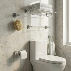 Juego de Toallero de Aleación de Zinc con Acabado Níquel Estilo Europeo para Baño y Hotel con Barra de Almacenamiento y Ganchos - Product Image 1