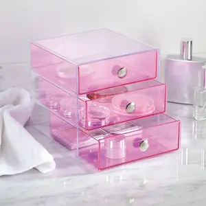 3-cassetto scatola di plastica vanità Organizer acrilico 3 cassetti trucco cosmetico scatola da scrivania 3 cassetto scatola di immagazzinaggio con manici