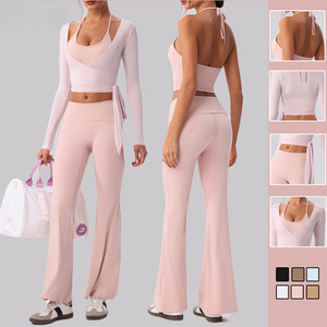 Wholesale Wrap-Style <b>Long</b> <b>Sleeve</b> Women's Yoga Set Tie-Up <b>Top</b> Breathable Four-Way Stretch Sportswear High-Waist Fitness Wear - Product Image 1
