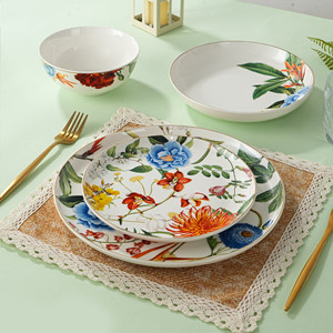 Набор из 20/24 предметов: оптовая продажа, цветные тарелки с золотым ободком из нового костяного фарфора, керамический столовый сервиз, набор чашек - Product Image 2