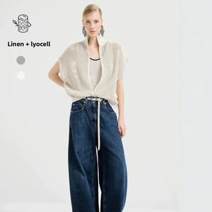 <span class=keywords><strong>Cardigan</strong></span> décontracté sans manches pour femme en <span class=keywords><strong>maille</strong></span> scintillante à col roulé avec fermeture éclair, mélange de lin, couleur unie, collection printemps - Product Image 1