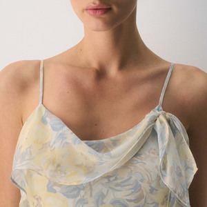 Vestido Midi de Gasa con Estampado Floral Acuarela para Mujer, Cuello Drapeado, Tirantes Finos, Elegante y Fluido para Vacaciones y Fiestas - Product Image 6