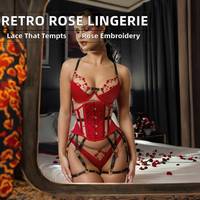 Lingerie féminine sexy 2025, style rétro, luxe, élégance, dentelle, broderie de roses rouges, respirante, respectueuse de l'environnement, ceinture à la taille, sangle de jambe