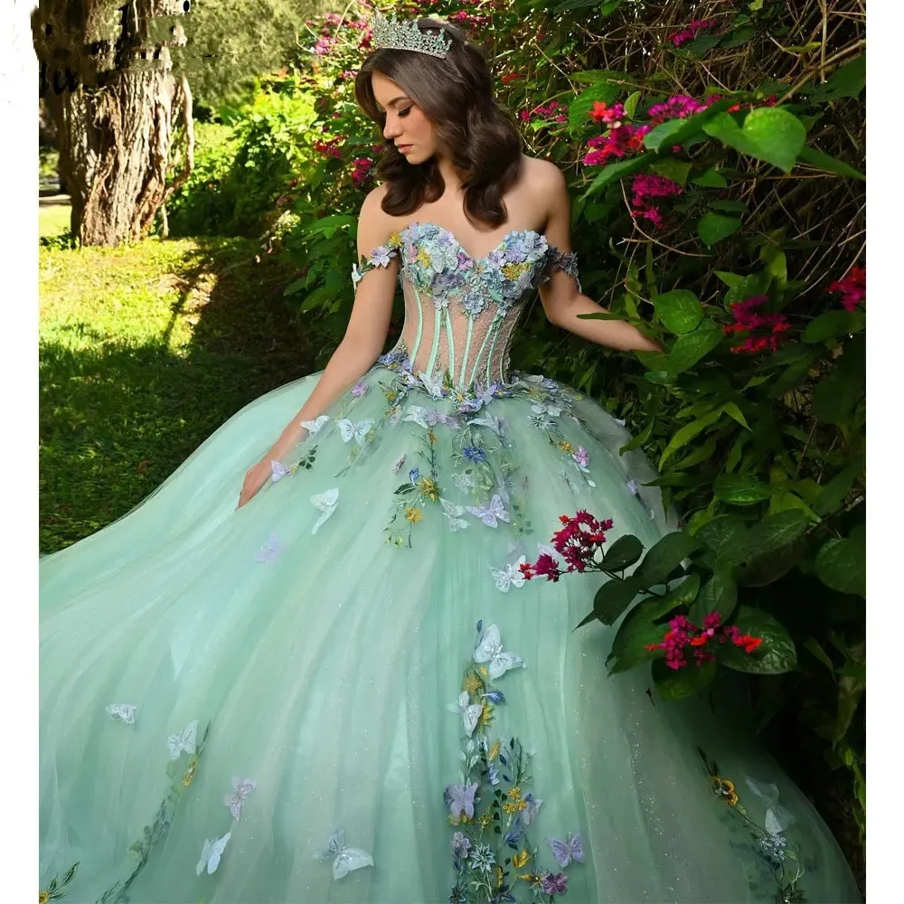 slim fit dress slacks Ball Gown Strapless Detachable Sleeves 3D Flower Lace Appliques Corset Bow Knot Mint Green Tulle Quinceanera Dress for Sweet 16 16 / Mint_Green main image 0