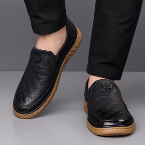 Mocassins en cuir pour hommes, bout rond, à enfiler, semelle en caoutchouc respirante, chaussures décontractées toutes saisons - Product Image 4