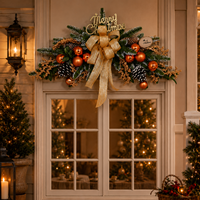Guirlande de cheminée de Noël artificielle de 90 cm, durable, avec ruban doré, nœuds, boules décoratives et pommes de pin enneigées, pour la cheminée et la porte d'entrée