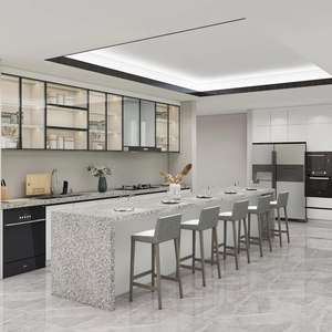 Armoires en verre modernes et élégantes, cuisine, grand rangement, îlot de comptoir en quartz avec construction en contreplaqué et évier - Product Image 1