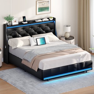 Đen đầy đủ/Nữ Hoàng Kích thước khung giường với nâng lên lưu trữ, đôi kích thước bọc khung giường với đầu giường, khung giường với ánh sáng LED - Product Image 4