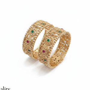 Openable <b>Bangle</b> <b>Set</b> with <b>Gold</b> Plated Pota Stone Fine Jewelry Classic Green & Pink Traditional Design for Women and Girls - Product Image 2