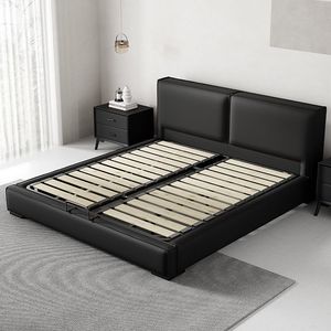 Lit double moderne et minimaliste en cuir noir avec rangement à vérin à gaz et tiroirs latéraux – Cadre de lit plateforme de luxe Queen/King - Product Image 5