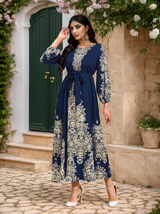 Vestido Musulmán Islámico con Estampado Floral para Eid Al Fitr, Ropa Árabe del Sudeste Asiático, Cuello Redondo, Cintura Media, Venta al Por Mayor de Fábrica - Product Image 4