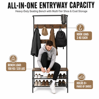 Porte-manteau autoportant en métal avec rangement pour chaussures, banc, étagère et crochets, meuble d'entrée étroit pour hall d'entrée