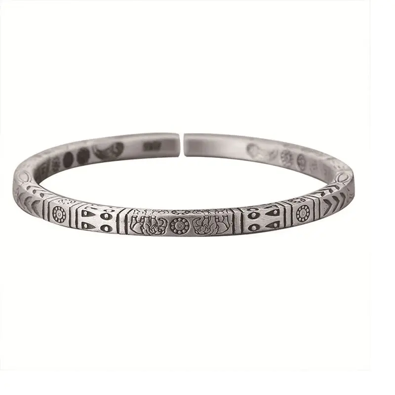 Unisex S990 Sterling Silver Sun totem bangle Silver fish totem Bracelet for Men Women