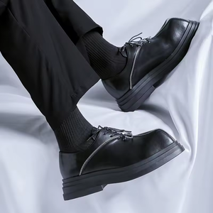 Chaussures habillées en cuir de haute qualité à bout carré, augmentant la taille, semelle épaisse, chaussures en cuir noires à fermeture éclair pour hommes, chaussures décontractées - Product Image 2