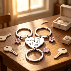 Nouvel ensemble de porte-clés en acier inoxydable en forme de cœur, 3 pièces, assortis pour maman, sœurs, avec breloques fleurs roses pour la famille et les sœurs - Product Image 5