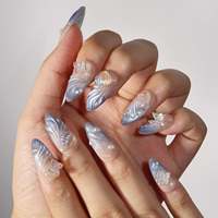 Faux ongles à presser en acrylique, forme amande, French manucure, effet papillon 3D irisé, perle, dégradé œil-de-chat argent-gris, thème vacances en bord de mer