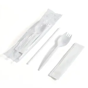 Trường Bộ dụng cụ phổ biến phim bọc spork với khăn ăn và rơm dùng một lần dao kéo Kit cho trẻ em