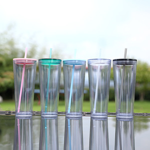 Wholesale <strong>Bulk</strong> 24 oz Reusable Boba Cup <strong>Double</strong> <strong>Wall</strong> <strong>Clear</strong> Insulated Bubble Tea Cup <strong>Plastic</strong> Acrylic Snow Globe <strong>Tumbler</strong> with Straw - Product Image 1