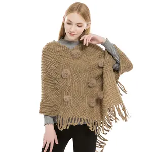 2022 hot sale ladies winter faux rabbit fur pompoms ponchos women faux cashmere shawls