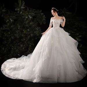 Off Shoulder Train Wedding Dress High Waisted Ball Gown Sweetheart Neckline <b>White</b> <b>Lace</b> For Brides Petite Women Lightweight - Product Image 2