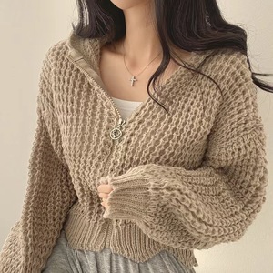 Liu Ming ucuz toptan yeni ürün kore Chic Casual kadın gevşek örme fermuar fener uzun kollu kapüşonlu ceket kazak - Product Image 3