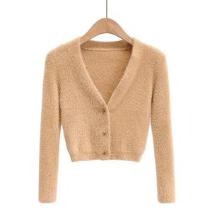 Bestseller Damen Crop-Top Pullover Herbst Langarm Slim Fit Gestrickte Knopfleiste Vorne Flauschige Strickjacke Damen Strickoberteil - Product Image 2