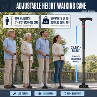 Canne de marche pliable en alliage d'aluminium noir, intelligente, avec lumière LED Bluetooth, alarme, radio FM, base stable, légère, bâton réglable 250
