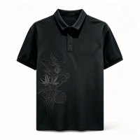 Kemeja Polo Pria Kasual Poliester Gaya Cina Modis, Bahan Bernapas, Model Slim Fit Kerah Lapel, Motif Bunga Teratai Putih, Terbaru Musim Panas
