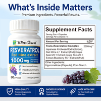 Resveratrol Capsules, rode wijn extract, voedingssupplement, antioxidant ondersteuning, druivenpitextract, welzijn, 60 capsules