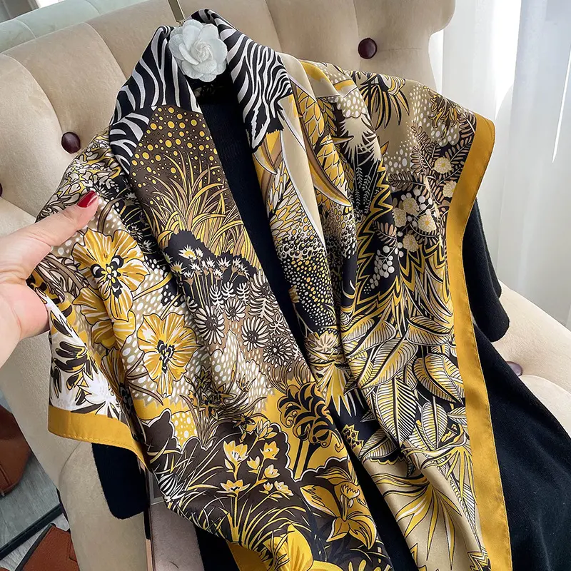 Bufanda de seda con estampado de cebra, bufanda cuadrada de lujo con estampado de flores de jungla, 90x90cm, gran oferta